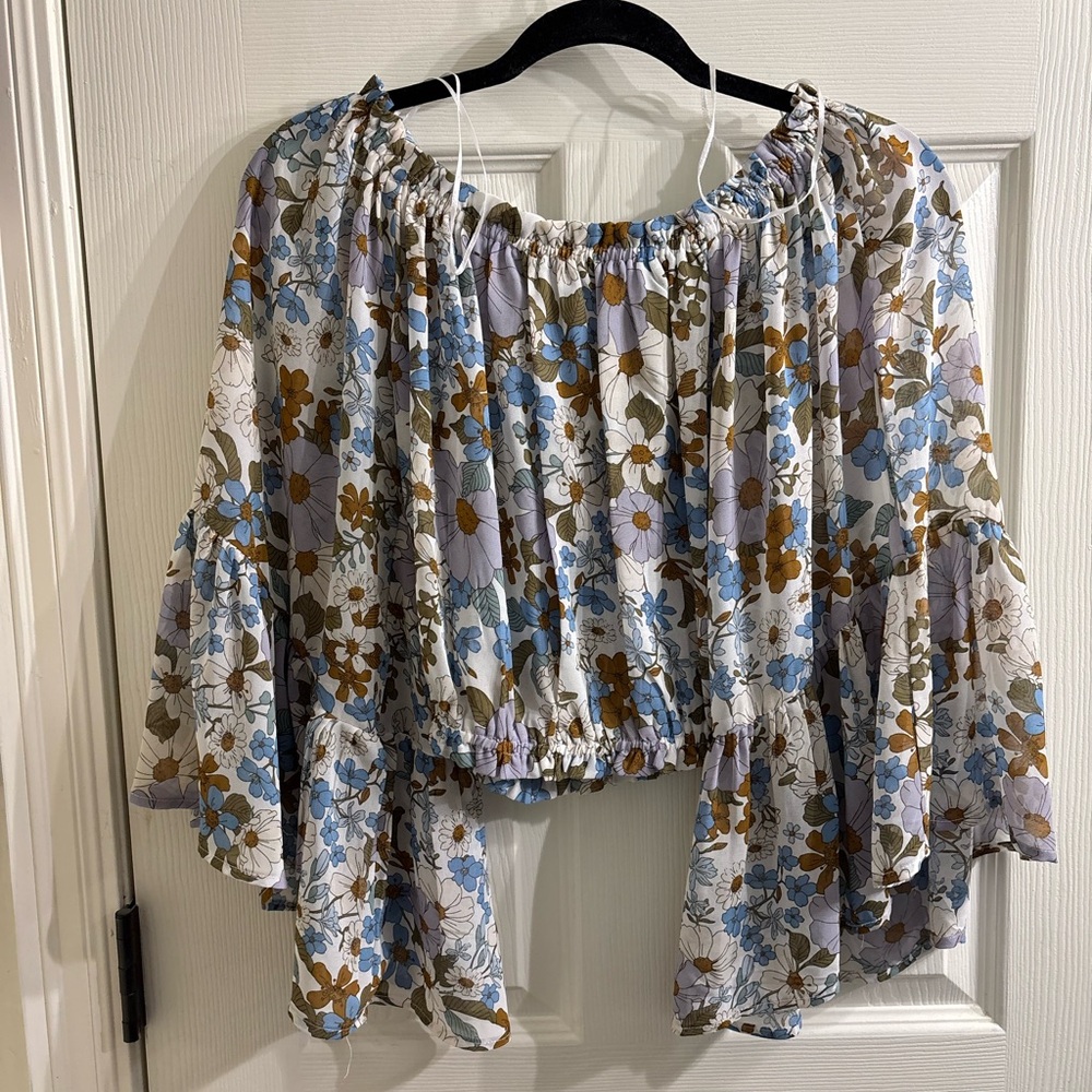 Floral Peasant Top in Blue & Cream